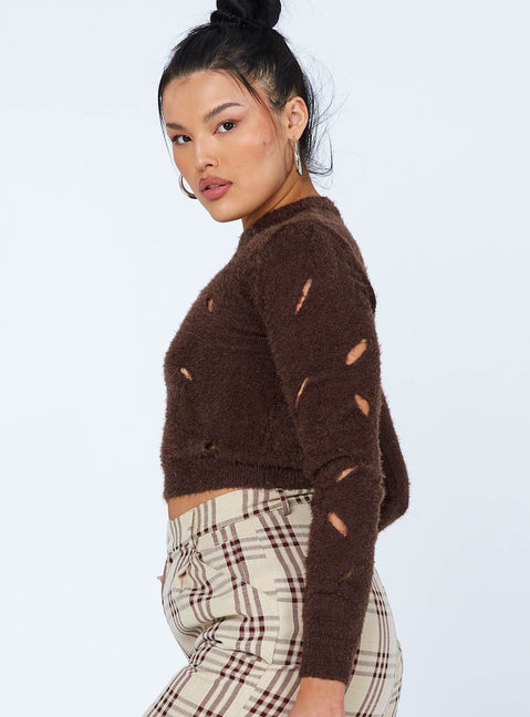 side view of model wearing Princess Polly Astrella Sweater/Jumper Brown Jumpers 