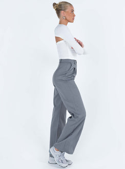 Front view of model wearing  front Princess Polly High Waisted Pants  Archer Pants Pinstripe Grey Tall