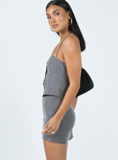 Matching set Pinstripe print Crop top Halter neck tie fastening Button fastening at front Shirred panel at back Split hem Mini skirt  Invisible zip fastening at back