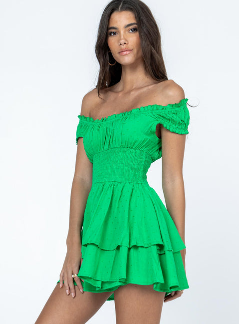 Romper Soft textured material Shirred waistband Ruffle detailing Elasticated neck & sleeves Can be worn on or off-shoulder Layered ruffle hem