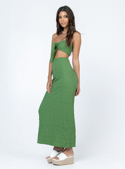 Matching set Crinkle material  Crop top  Can be tied multiple ways  High waisted maxi skirt  Invisible zip fastening at back  High back slit 