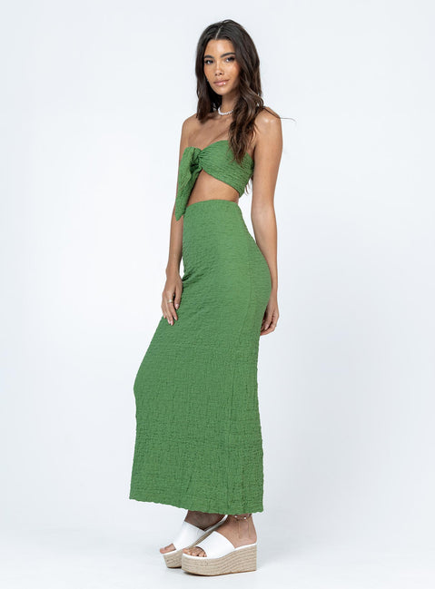 Matching set Crinkle material  Crop top  Can be tied multiple ways  High waisted maxi skirt  Invisible zip fastening at back  High back slit 