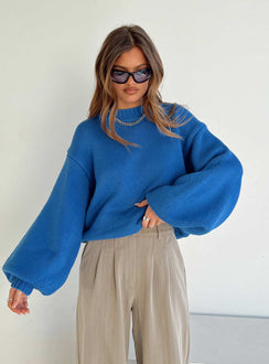 Featuring the Harmony Balloon Sleeve Knit Sweater Blue womens jumpers in short length front view of model wearing Princess Polly