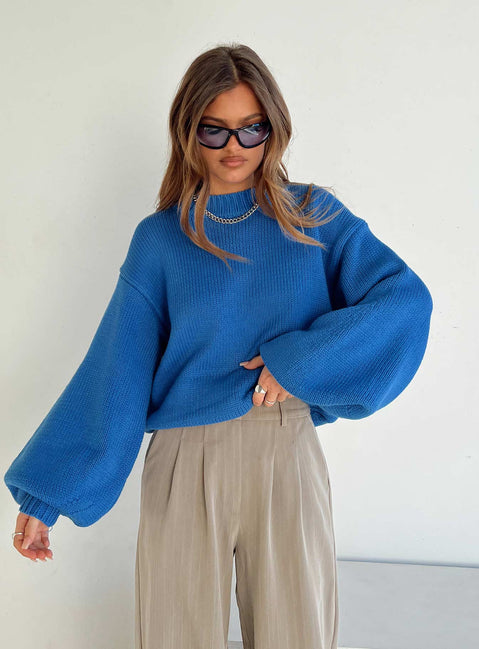 Featuring the Harmony Balloon Sleeve Knit Sweater Blue womens jumpers in short length front view of model wearing Princess Polly