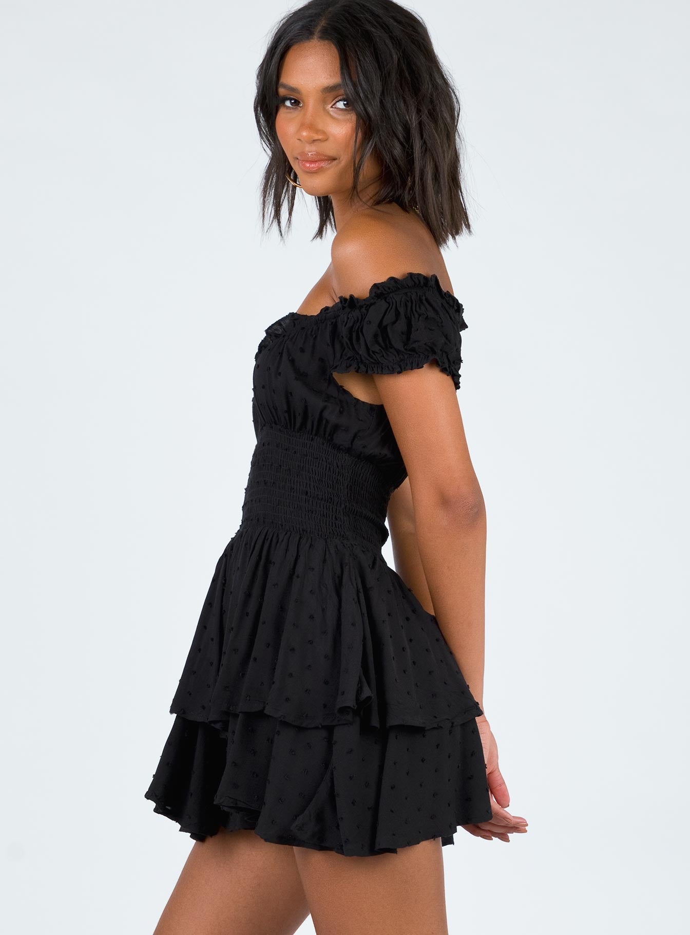 Black romper Can be worn on or off the shoulder Shirred waistband Ruffle detailing Elasticated neck & sleeves