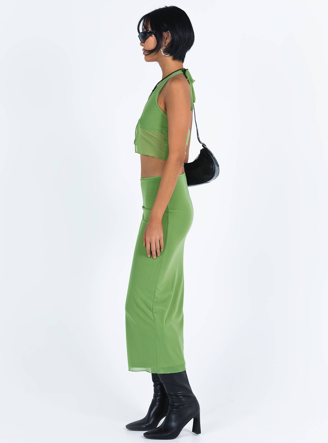 Matching set Mesh material Crop top Halter neck tie Split hem Tie fastening at bust Maxi skirt Low rise Good stretch Partially lined