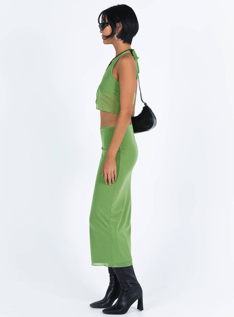 Matching set Mesh material Crop top Halter neck tie Split hem Tie fastening at bust Maxi skirt Low rise Good stretch Partially lined