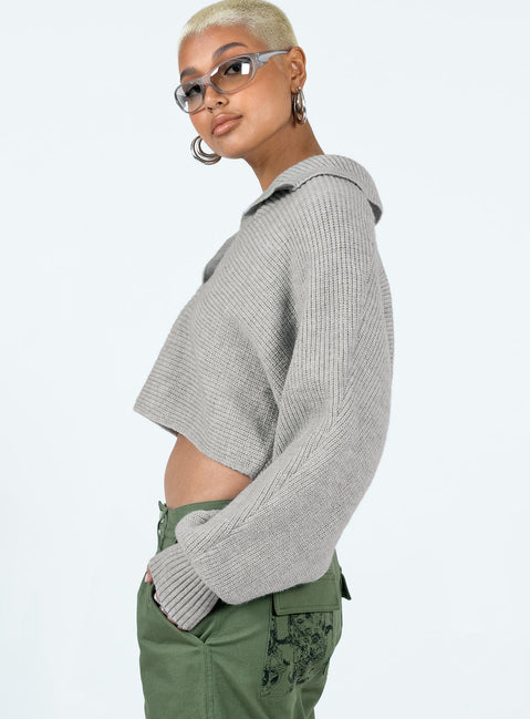 back view of model wearing Princess Polly Tiara Cropped Sweater Grey Cropped 