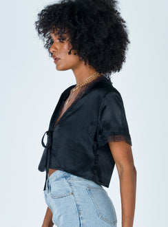side view of model wearing Princess Polly Vintage Tie Up Top Black 