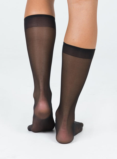 Knee high socks  Delicate sheer material - wear with care  Elasticated hem Good stretch  Unlined  OSFM