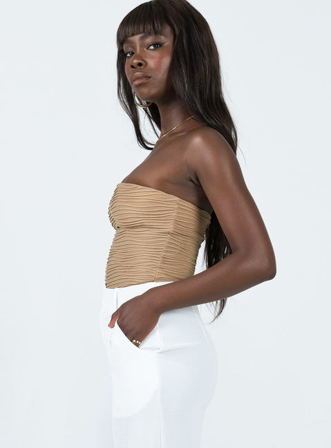 side view of model wearing Princess Polly Makena Strapless Bodysuit Beige Sleeveless straight 