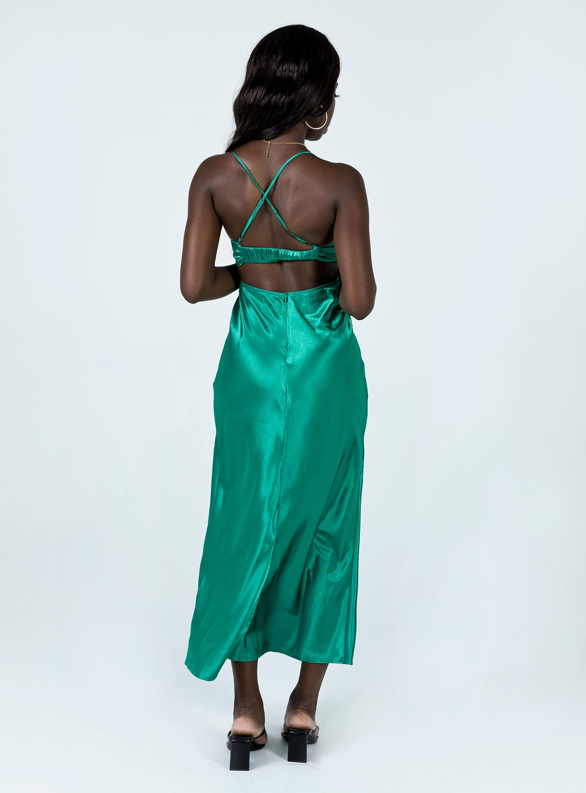 back view of model wearing Princess Polly Giselle Midi Dress Green 