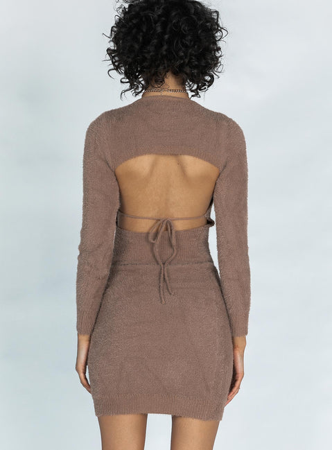 back view of model wearing Princess Polly Dani Mini Dress Brown 