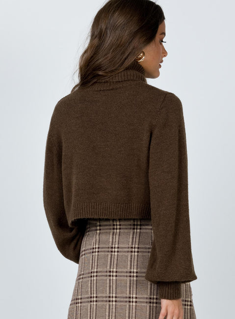 back view of model wearing Princess Polly Zahara Cropped Turtleneck Sweater Brown Cropped Jumpers 