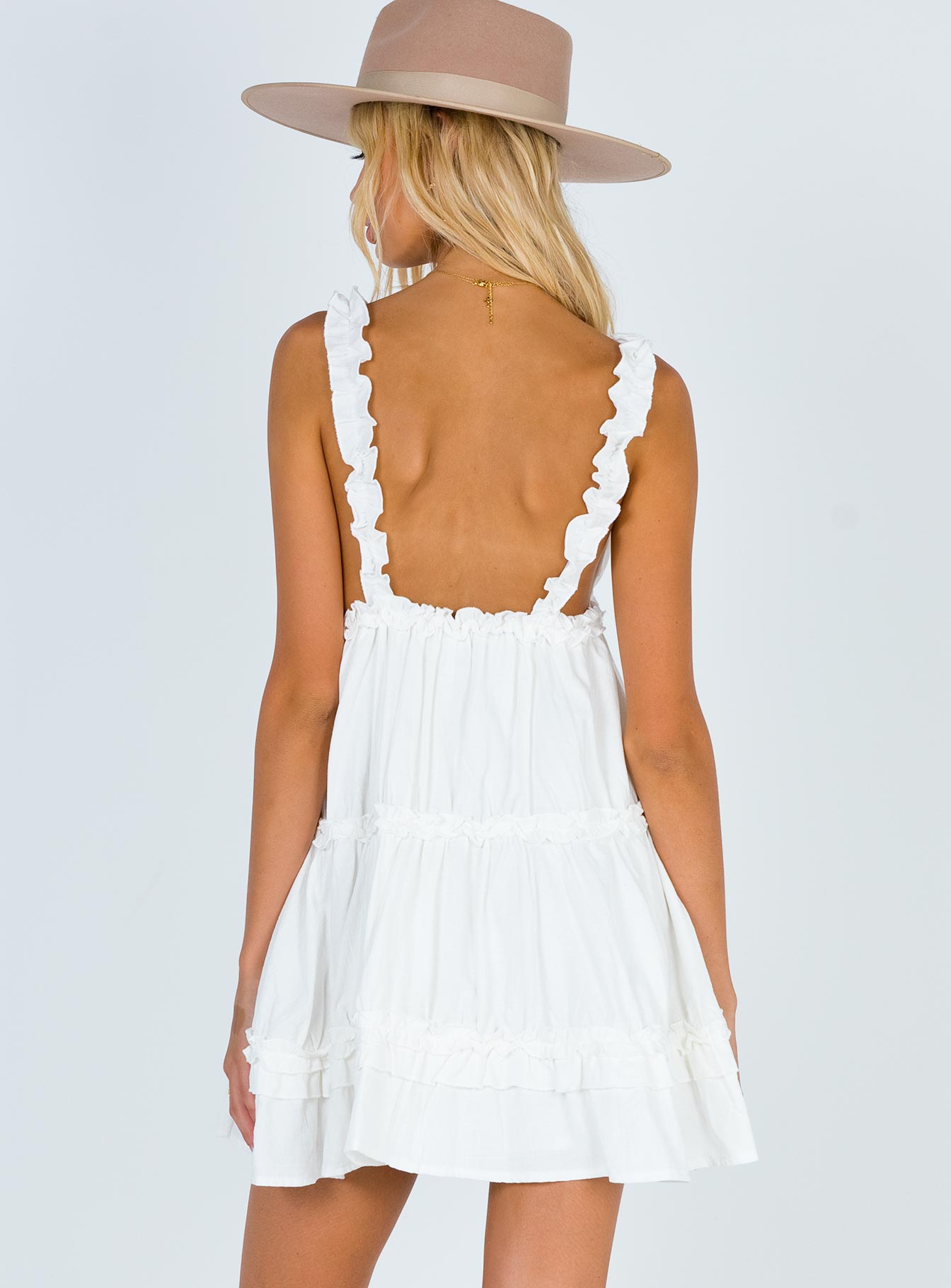 Front view of model wearing  front Princess Polly Square Neck  Romeo Mini Dress White