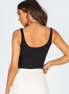 back view of model wearing Princess Polly Crosby Bodysuit Black Sleeveless 