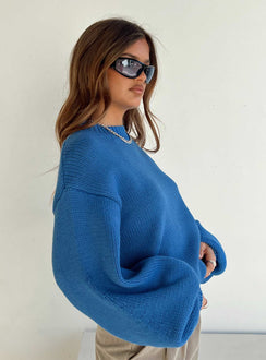 Featuring the Harmony Balloon Sleeve Knit Sweater Blue womens jumpers in short length front view of model wearing Princess Polly