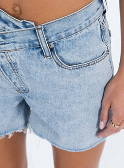 back view of model wearing Princess Polly Xena Denim Shorts High Waisted Shorts 