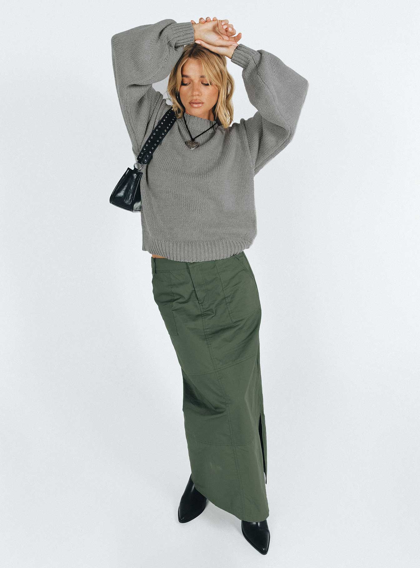 side view of model wearing Princess Polly Harmony Balloon Sleeve Knit Sweater Grey Long 