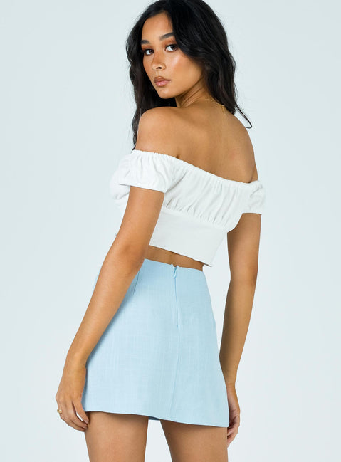 back view of model wearing Princess Polly Selby Mini Skirt Blue 