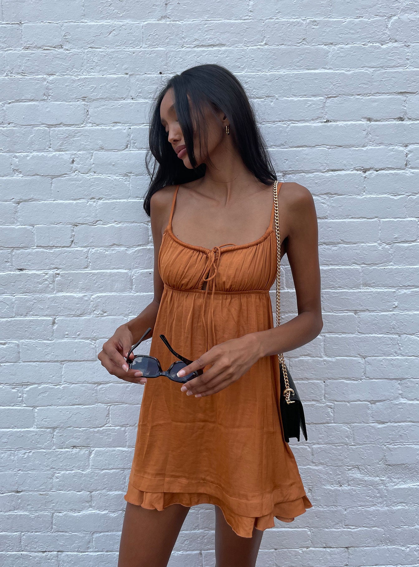 back view of model wearing Princess Polly Empress Of Love Mini Dress Rust 