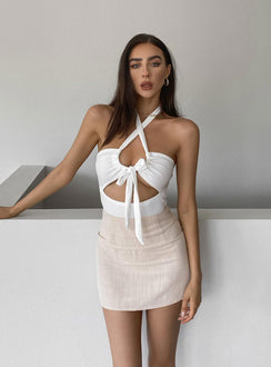   front view of model wearing Princess Polly Selby Mini Skirt Oatmeal 