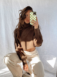 side view of model wearing Princess Polly Zahara Cropped Turtleneck Sweater Brown Cropped Jumpers 