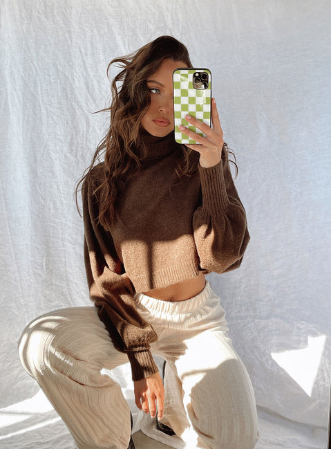 side view of model wearing Princess Polly Zahara Cropped Turtleneck Sweater Brown Cropped Jumpers 